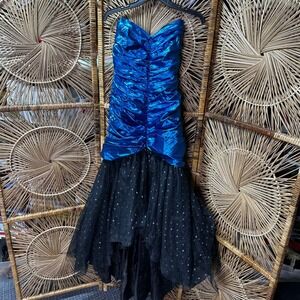 Vintage 80s Prom Dress Metallic Blue Ruched High Low Tulle Bow ILGWU Size 13-14
